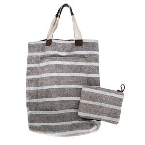 Roost Jute Bag Set of 2 Oversized Tote Bag Cosmetic Bag Gray White Stripe Beachy